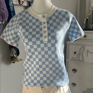 Checkered Blue and White Knit Top